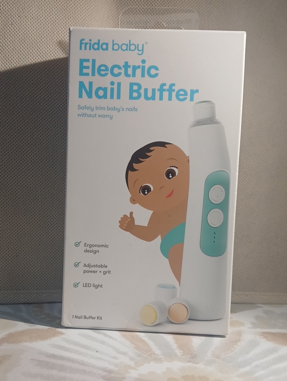 Baby Electric Nail Buffer in White and Teal — Safe Infant Nail Groomer